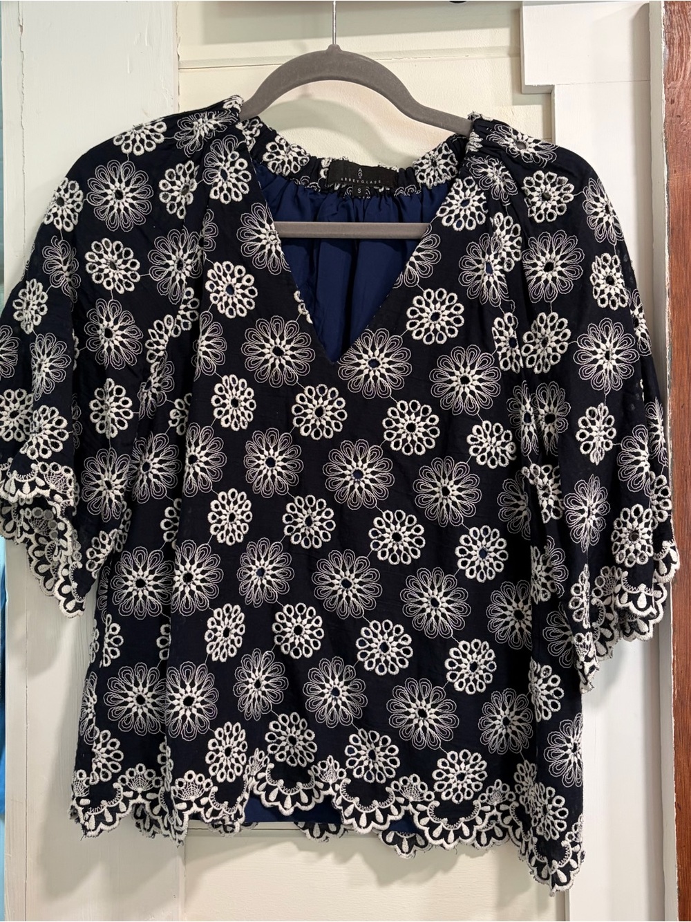Navy Blue Floral Lace-Trim V-Neck Blouse
